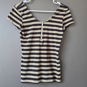 GUESS Striped Zipper‎ Neck Short Sleeve Top Women Size Medium Green Black Punk